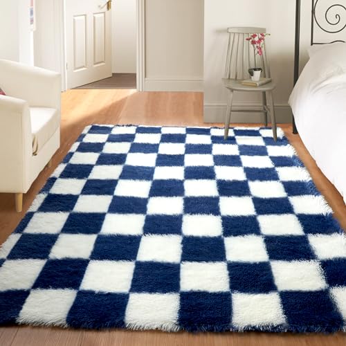 Image of KICMOR Soft Fluffy Navy Blue and Cream White Area Rug for Bedroom, 3x5 Fuzzy Shag Shaggy Checkered Rugs Small Carpet for Living Room, Indoor Plush Checkerboard Rug for Kids Boys Home Decor Aesthetic