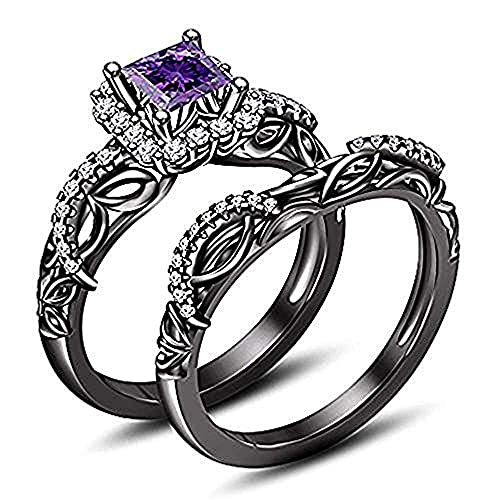Princess & Round Cut Amethyst & Dia 14K Black Gold Plated Classic Wedding Bridal Ring Set For Women's