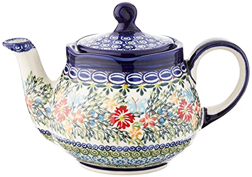 Polish Pottery Ceramika Boleslawiec, 0105/238, Teapot Fruti, 3 1/4 Cups, Royal Blue Patterns with Red Cornflower and Blue Butterflies Motif