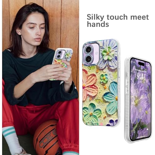 Image of Elzzi Compatible with iPhone 17 Case Oil Painting Flower Colorful with Lens Prtotection Shockproof PC+TPU Glossy Back Cover for Girls Women, Pink