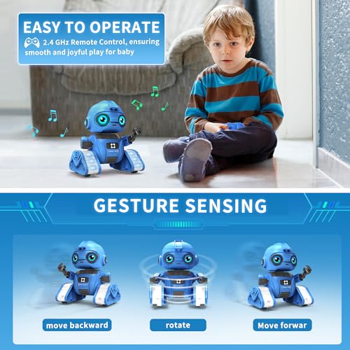 Dzxlin Roboter Spielzeug für Kinder – Wiederaufladbar, LED-Augen und Musik, RC-Roboter mit Gestensensor für ab 3 4 5 6 7 8 9 10 Jahre Jungen Geschenk （Blau）
