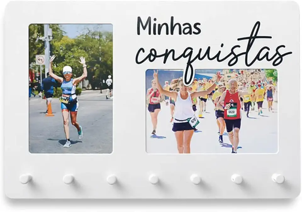 Quadro Porta Medalhas, Porta Chaves Minhas Conquistas, Decoração com 2 fotos e 7 Ganchos, Feito de Metal para Hall de Entrada ou Parede - Geguton