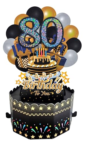 Image of AimtoHome 80th Birthday Cards 3D Popup Birthday Greeting Cards - Birthday Greeting Card for Men, Women, Mom,Dad and Grandparents with Blank Note and Envelope Included (Black Gold)