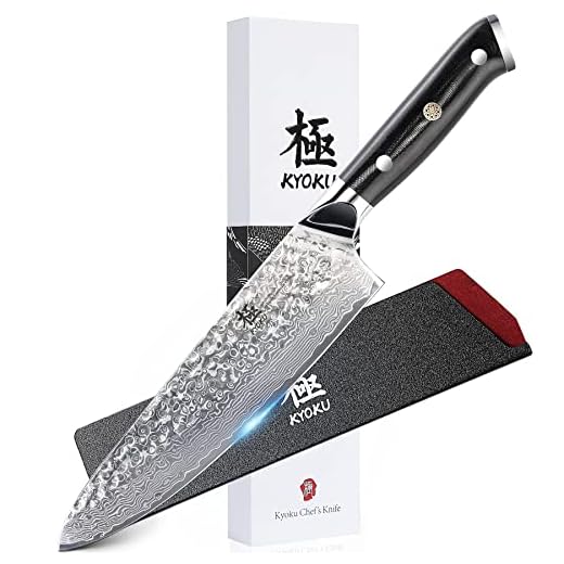KYOKU Faca Chef – Faca de cozinha com lâmina de damasco martelada japonesa VG10 série Shogun de 20 cm – com bainha e estojo