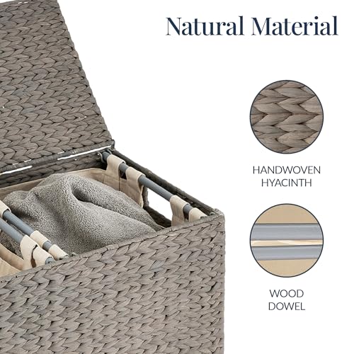 Best Choice Products Large Double Laundry Hamper with Lid, Natural Handwoven Water Hyacinth, 2 Sections w/ 2 Machine Washable Linen Liner Bags, Portable, Handles - Gray - Image 7