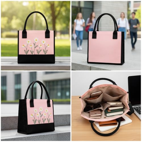Image of Cotton Tote Bag For Woman Stylish | Embroidered Canvas Hand Bag With Floral Design | Casual Shoulder Bag Zipper For College Girls, Office, Daily Use, Travel, Beach, Shopping