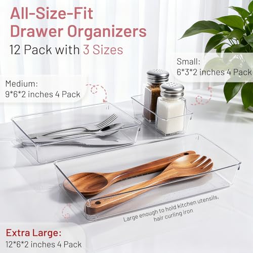 Image of 12 Pack Large Drawer Organizer Bins - Clear Plastic Bathroom Drawer Organizer Trays - Heavy Duty Kitchen Drawer Dividers for Utensils - Non-Slip Storage Bins for Makeup, Bedroom, Office Desk