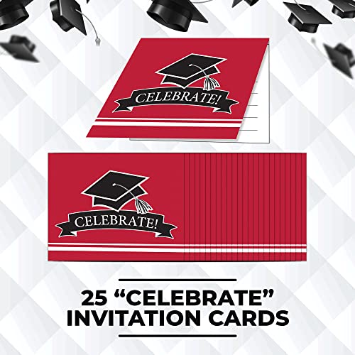 Creative Converting 25 Count Red Celebrate! Party Invitations And 25 "Thank You Cards - Graduation Supplies For Class Of 2023 Bulk Supply Set With Black Grad Cap #TOP1