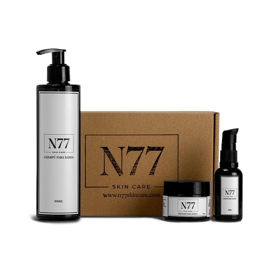N77, el set esencial para tu barba. Champú, aceite y bálsamo, ofreciendo un cuidado completo. Fórmula natural para tu barba. Nutre, hidrata, evita comezón y canas