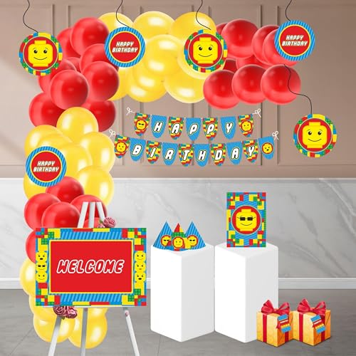 Image of PRETTY UR PARTY Building Blocks Birthday Party Decorations Kit-80 Pcs Includes Banner,Balloons,Thank You,Centerpiece,Danglers,Blocks Party Supplies,Lego Bday Decor,Diy Decor Pack For Kids,Boys