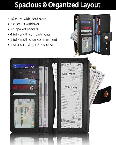 Image of Black Women's Trifold Wallet,Large Capacity RFID Long Wallet | 16 Card Slots,2 ID Windows,4 Bill Compartments,Vegan Leather,Double Zipper Pockets,Large Capacity Organizer