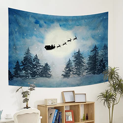 Polymiskls Christmas Wall Tapestry Santa Reindeer Elk Sleigh Full Moon Starry Blue Tapestry 2023 New Year Party Tapestry Wall Hanging For Living Room Bedroom Dorm Decor 78.7X59.1 Inches #TOP2