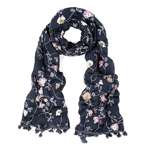 Premium Embroidered Floral Dainty Tassel Hem Scarf Wrap Shawl