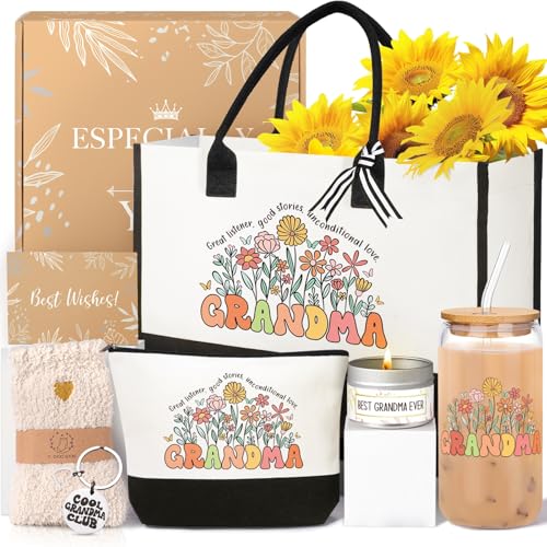 iAOVUEBY Grandma Gifts for Women Birthday Mothers Day Gifts Set from Granddaughter Grandson Grandchildren, 16 Oz Glass Cup Canvas Tote Bag Gift Basket Thanksgiving Ideas Gift for Grandmother