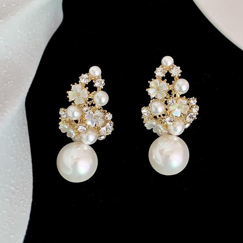 Pearl Round Bead Dangle Earrings for Women Shiny Rhinestone Flower Pearl Statement Earrings Crystal Pearls Drop Charm Earring Jewelry Wedding Gifts - Image 4