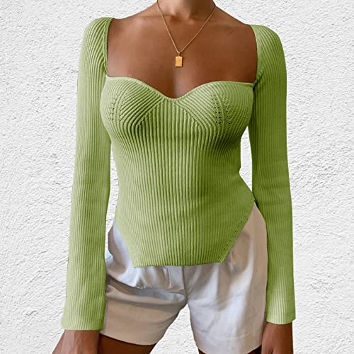 Image of Women's Square Neck Ribbed Knitted Sweater Long Sleeve Crop Slim Fitted Basic Pullover Tops