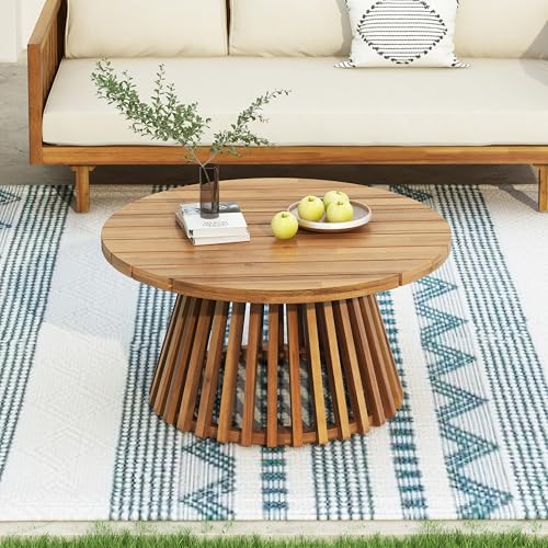 Merax Patio Outdoor Acacia Wood Round Coffee Table for Backyard, Lawn, Balcony, Teak Finish