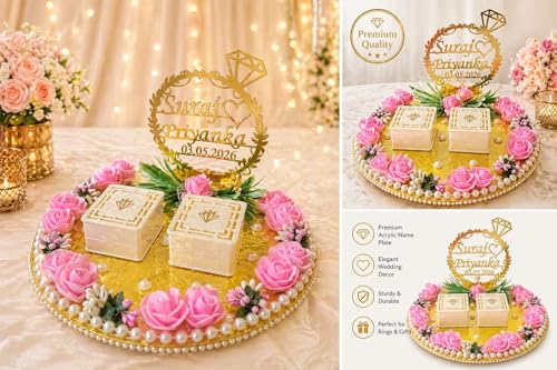 Image of Engagement Ring Platter, Ring Platter for Ring Ceremony,10x10x8 inch, 2 Ring Boxes, Pink Theme, Artificial Flowers - Customised (Pink)