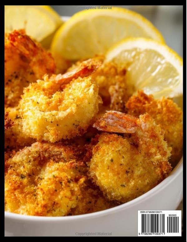 నింజా ఫుడీ మల్టీకూకర్ ఎయిర్ ఫ్రైయర్ కుక్‌బుక్ వెనుక కవర్, నిమ్మకాయ ముక్కలతో గాలిలో వేయించిన రొయ్యల క్లోజప్ మరియు ISBN 9798286109371 తో బార్‌కోడ్‌ను చూపిస్తుంది.