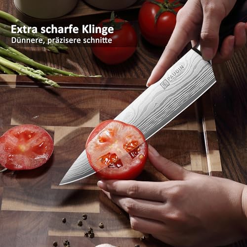PAUDIN Messerset, Küchenmesser Set 3-tlg aus hochwertigem Carbon Edelstahl, Ultra Scharfes Messer set mit Chefmesser Hackmesser Allzweckmesser, Profi Kochmesser mit Pakkaholz Griff 5