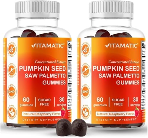 Vitamatic Pumpkin Seed 20:1 Extract & Saw Palmetto 10:1 Extract Gummies Sugar-Free Botanical Extract Natural Raspberry Flavor Vegan Non-GMO Plant-Based Gummies 60 Count - 2 Pack (120 Count)