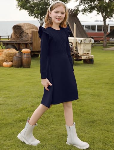 Girls Sweater Dress Fall Winter Long Sleeve Cable Knit Pullover Midi Dresses 5-14Y2