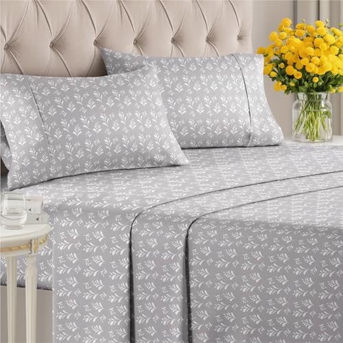 Image of Queen 4 Piece Floral Sheet Set - Soft, Breathable & Cooling - Gray Sprig