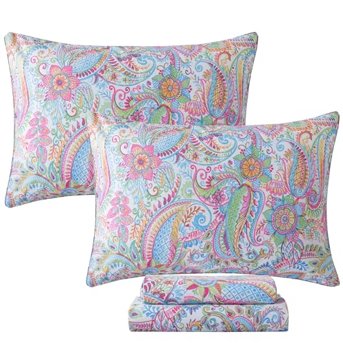 FADFAY Paisley Sheets Set King Bohemian Damask Paisley Bedding Luxurious Boho Pink Paisley Bed Sheet Set Breathable Cotton Ultra Soft 17.5'' Deep Pocket Fitted Sheet 4Pcs, King Size