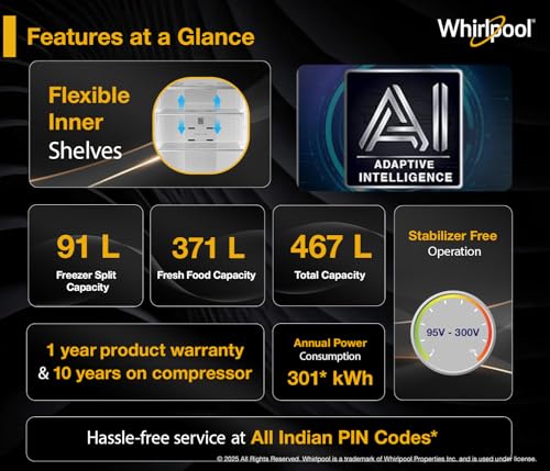 Image of Whirlpool 467L 2star IntelliFresh Convertible Inverter Frost Free Double Door Refrigerator (IF INV CNV 515 ALPHA STEEL (2S)-Y, 2026 Model)