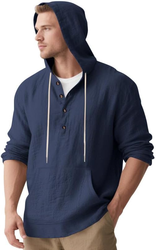 Men's Linen Hoodie Lightweight Hawaiian Shirt Casual Beach Shirt with Pockets - Image 4