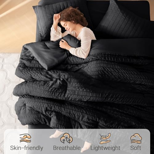 MUXHOMO 7 Pieces Queen Comforter Set, Seersucker Bed in a Bag Queen Size, All Season Luxury Bedding Set with Comforter, Flat Sheet, Fitted Sheet, Pillowcases & Shams, Black
