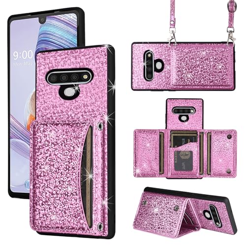 Furiet Wallet Case for LG Stylo 6/Stylo6 Plus/K71 Stylus with Shoulder Strap, Slim Flip Purse, Credit Card Holder Stand Sparkly Glitter Bling Phone Cover for LGStylo6 6+ 6plus Style 06 Six 2020 Pink