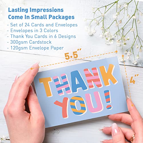 S&O Fun Thank You Cards With Envelopes - Blank Thank You Cards For Handwritten Messages - Thank You Notes With Envelopes Set Of 24 - Assorted Thank You Cards With Pop Color Envelopes To Mix & Match #TOP3