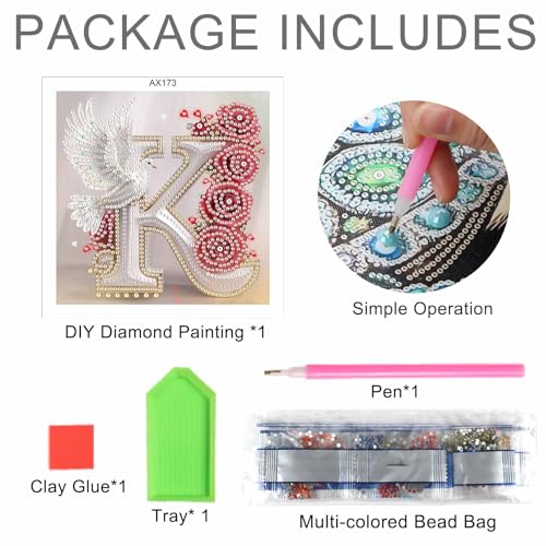 Image of AiYuanzsh 5D Diamond Art Kits for Adults Letter K, Romantic Rose & Dove Alphabet Diamond Painting, Luxury Special Shape Diamond Art for Adults DIY Crystal Rhinestones Home Decor 17x17cm