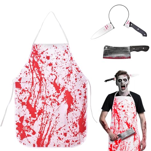 Traje de açougueiro de Halloween homem mulher, conjunto completo com avental sangrento, diadema com faca e faca de utilitário, disfarces de Halloween terror adulto para festa, Cosplay, carnaval