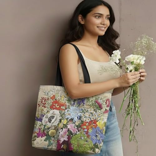 Image of Multiflower Cotton Canvas Tote Bag with Zipper and Inner Pocket | Eco-Friendly Reusable Bag for Shopping, Travel, Work & Everyday Use