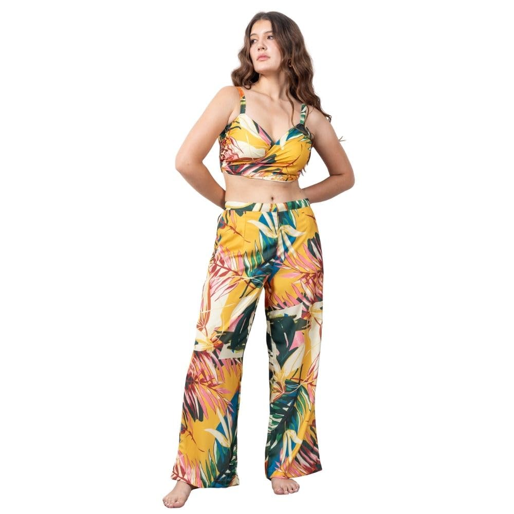 Women Poly Crepe Tropical Print Pant & Tie Knot Back Top Beachwear Co ord Set