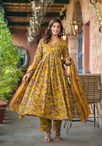 Image of MEERA FAB Women's Cotton Blend V-Neck Anarkali Printed Kurta with Palazzo & Dupatta