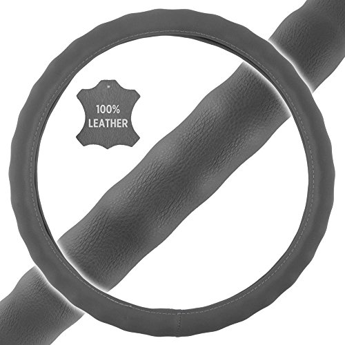 Image of BDK Genuine Leather Car Steering Wheel Cover 15 inch-16 inch (Large /Gray)