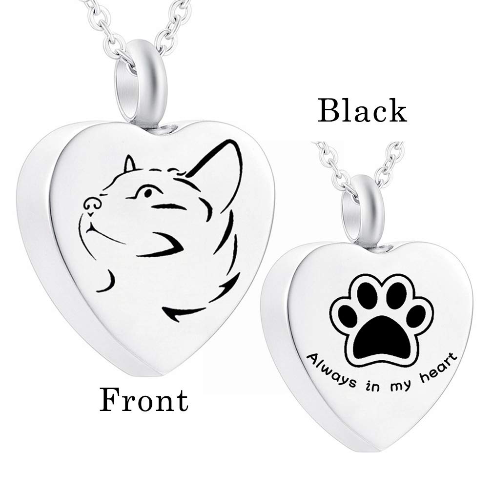 weikui 316L Stainless Steel Pet Cremation Jewelry for CAT Always in My Heart Paw Print Memorial Keepsake Pendant Urn Necklace for Ashes Labrador Retriever (Cat)