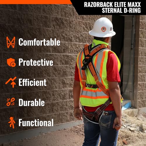 Image of Malta Dynamics Razorback Elite MAXX - Safety Harness and Fall Protection Kit with Sewn in Lumbar Support Belt and Built-in Rescue Handles for Fall Arrest, OSHA & ANSI Compliant (3XLarge)
