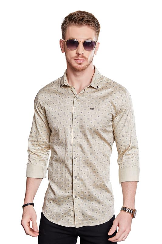 ALMATYFashion Shirt for Men | Arkadi Cream Checkered Print Shirt | Slim Fit | Perfect for Occasions, Party & Club Wear