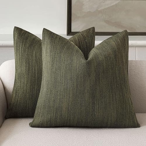 Image of Foindtower Set of 2 Decorative Textured Burlap Linen Throw Pillow Covers Farmhouse Boho Cushion Cover Solid Accent Pillowcase for Couch Sofa Bed Living Room Home Decor, 22x22 Inch,Dark Green