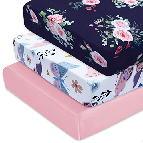 Image of AMROSE 3 Pack Heavenly Soft Crib Sheets for Baby Girls, 28'' X 52'' Fitted Crib Sheets for Crib and Toddler Mattress Pad, Silk Touch Gentle Breathable Microfiber, Floral & Butterfly