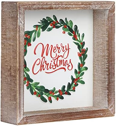 FESTWIND Christmas Block Sign, Merry Christmas Wreath Sign Embossed Metal With Wood Frame - Shelf, Mantel, Winter - Rustic Farmhouse Christmas Home Decor