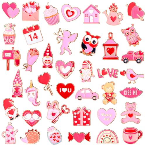 Image of Giegxin 40 Pcs Valentines Day Enamel Pins for Women Pink Backpack Brooch Cute Heart Rose Gnome Love Cupid Lip Bear Lapel Pins Valentines Day Gifts