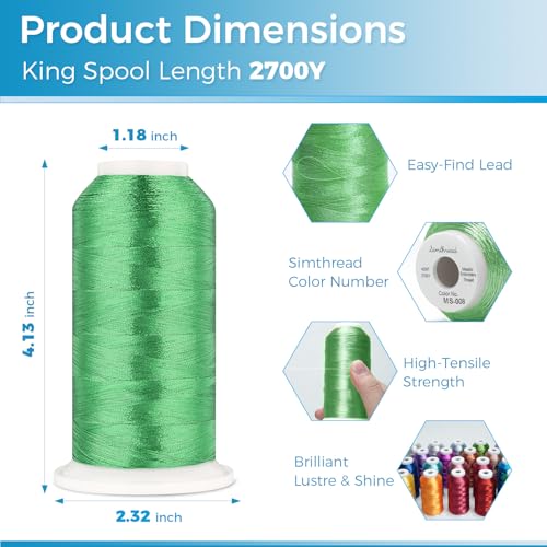 Image of Simthread 2700 Yards Metallic Embroidery Machine Thread - Christmas Green MS-008, 40wt High-Sheen King Spool, Smooth Running & Break Resistant for Commercial & Home Embroidery Machines