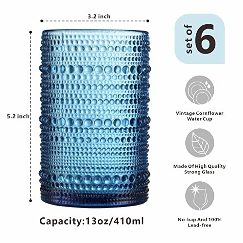 Awwaooaww Set Of 6 Hobnail Drinking Glasses,13 Oz Cornflower Vintage Drinking Glasses,Embossed Vintage Glassware Set For Beer, Water, Juice, Cocktail, Whiskey And Milk #TOP2