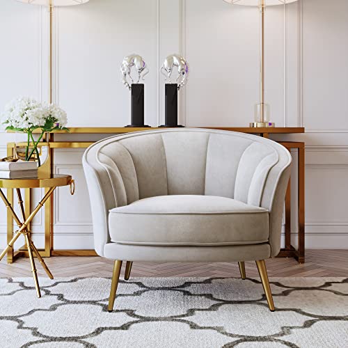 Polib Modern Barrel Chair, Comfy Beige Velvet Leisure Accent Chair Upholstered Armchair Vanity Chair For Bedroom, Living Room, Meeting Room #TOP2