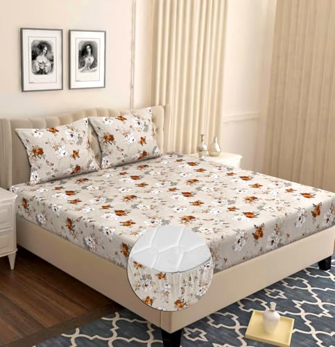 Image of HOMEKART 120 TC Cotton Rich Elastic Corner Fitted Bedsheet with 2 Pillow Covers | Double Bed 72x68+6 Inches | Wrinkle-Free, Super Soft & Breathable Floral Design | Dark Green & Rust